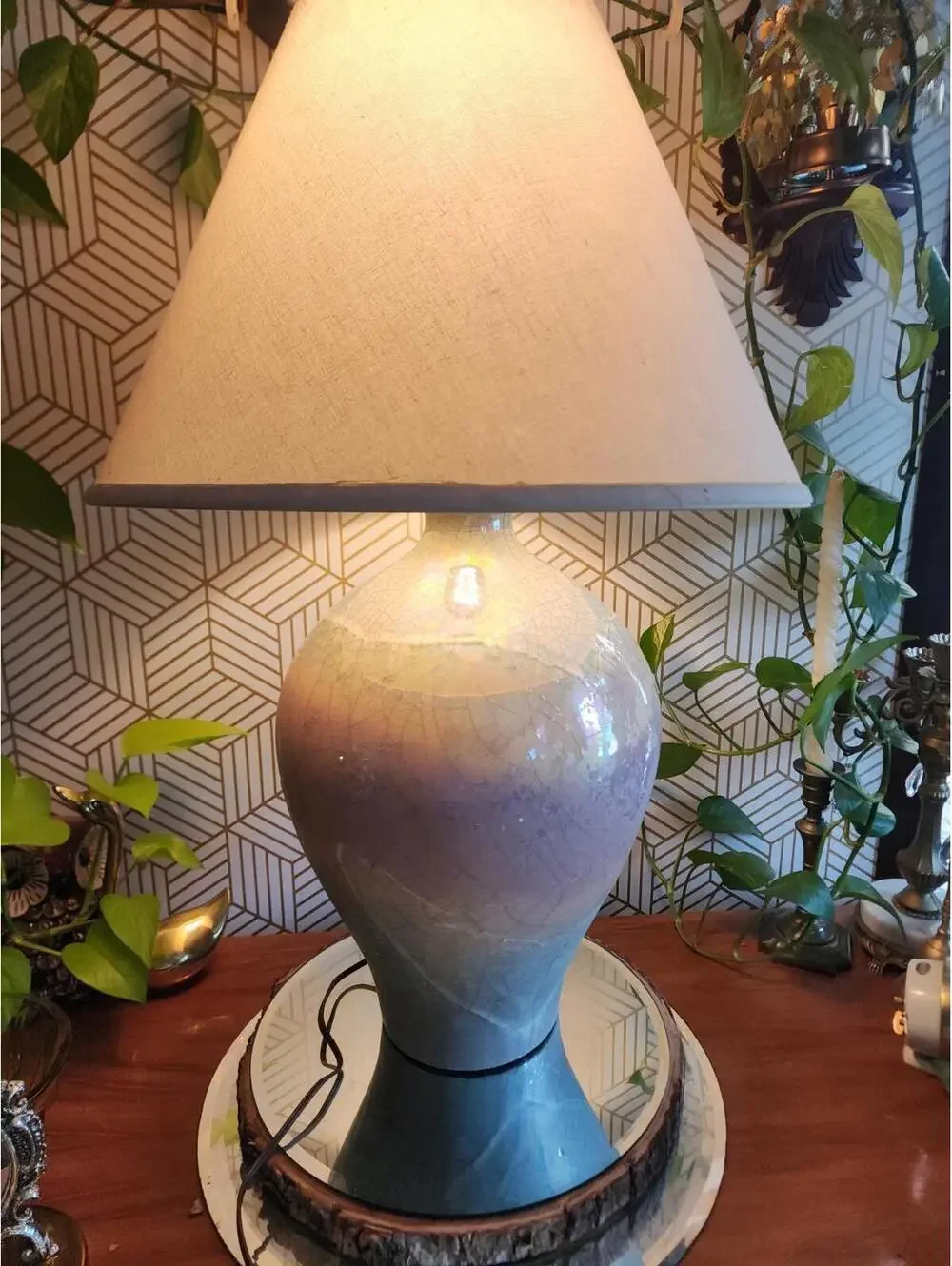 1980s Raku Glazed Ceramic Rainbow 3 way Table Lamp Made by Sunset Lamp Company